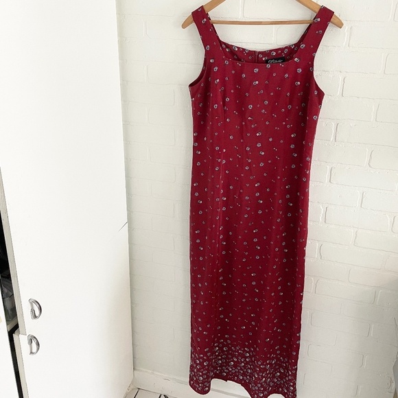 Vintage 90s Maxi dress Empire waist Sleeveless Floral Dark Red Burgundy Sz 13 - Picture 2 of 14